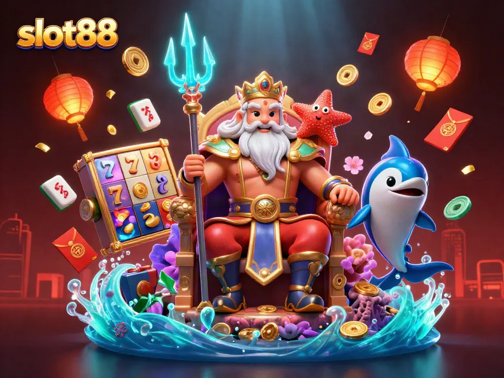 Experience the magic of slot88 with Neptune and samurai amidst vibrant casino symbols.