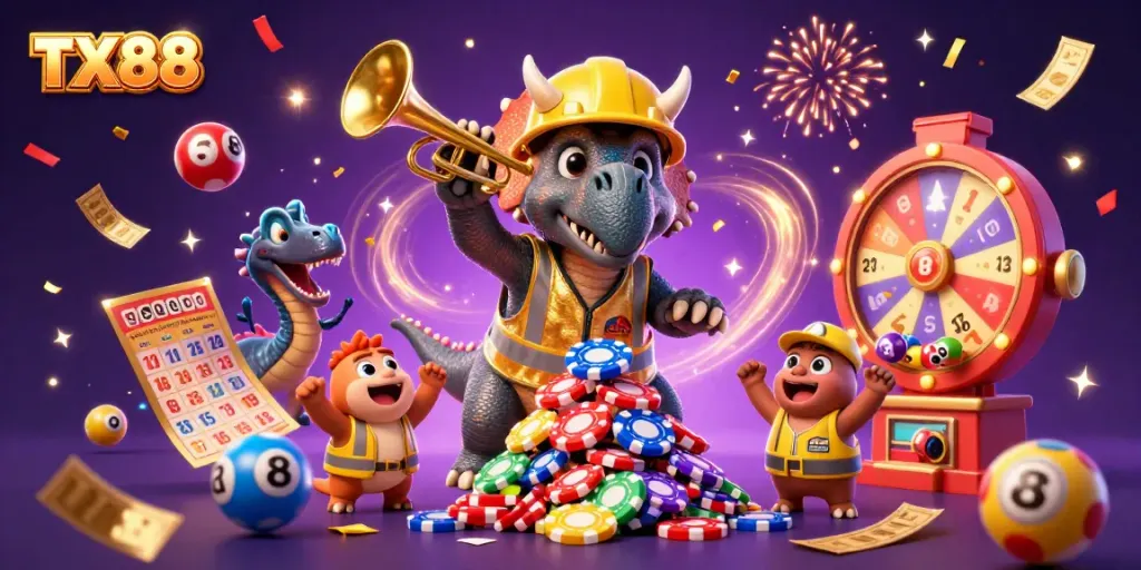 Experience dynamic gaming with TX88, featuring vibrant lottery balls and festive celebration elements.
