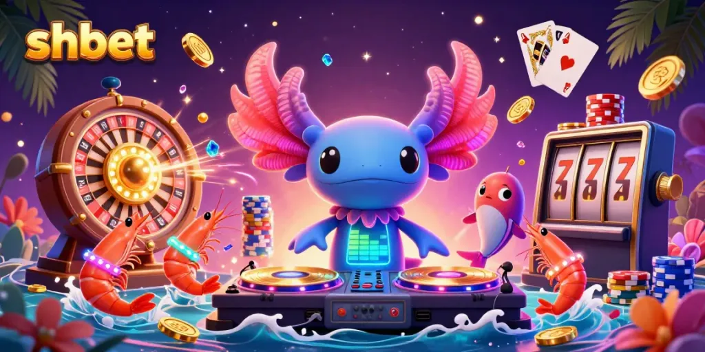 Engage in thrilling gaming with shbet featuring a neon-colored axolotl DJ and energetic sea creatures.