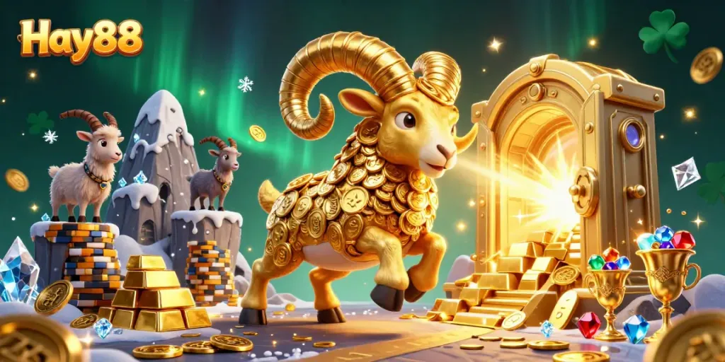Experience thrilling gaming at Hay88 with a massive golden ram charging through a treasure-filled gateway.