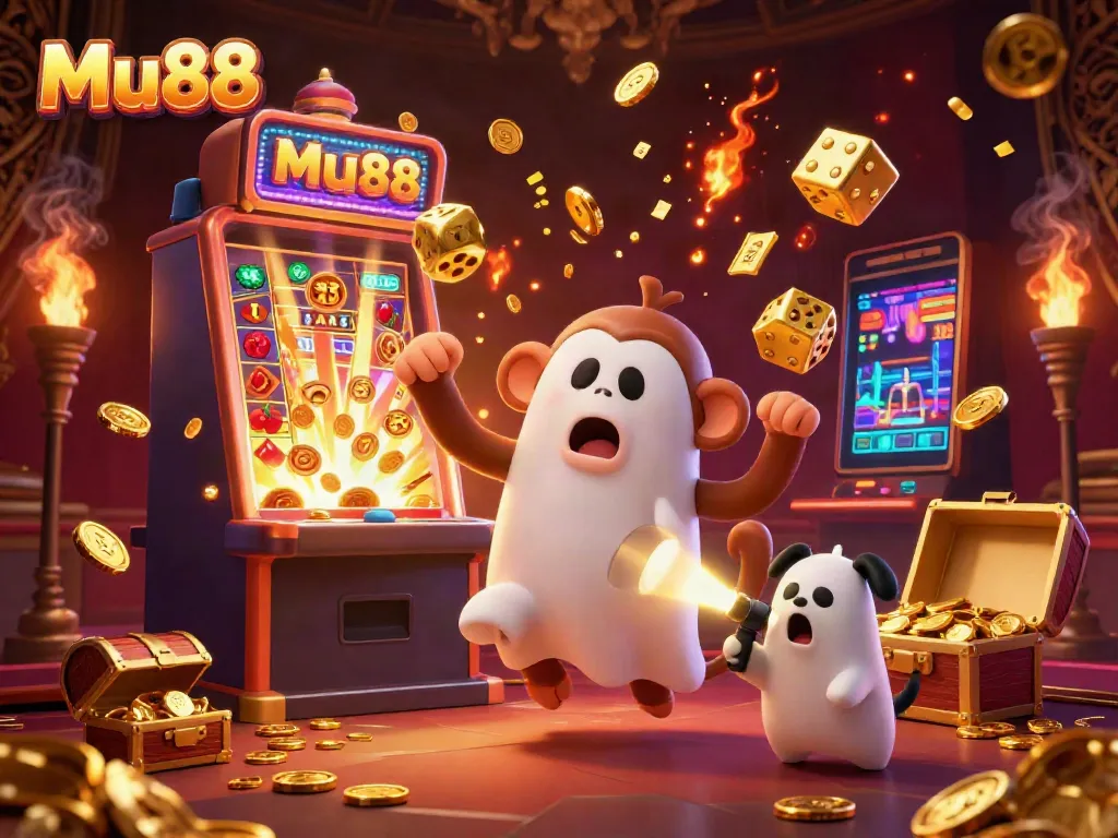 Experience the excitement of Mu88 with a mischievous monkey and ghost-hunter puppy in a vibrant casino scene.