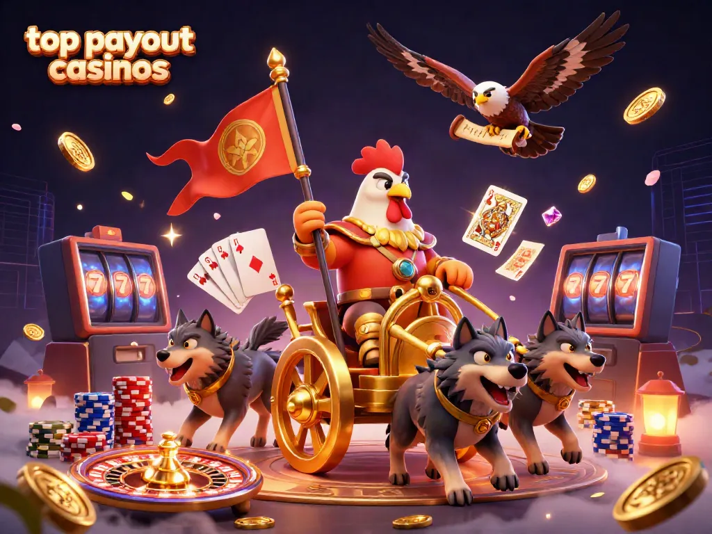 Experience top payout casinos with a dynamic illustration of a rooster warlord amidst golden coins and casino elements.