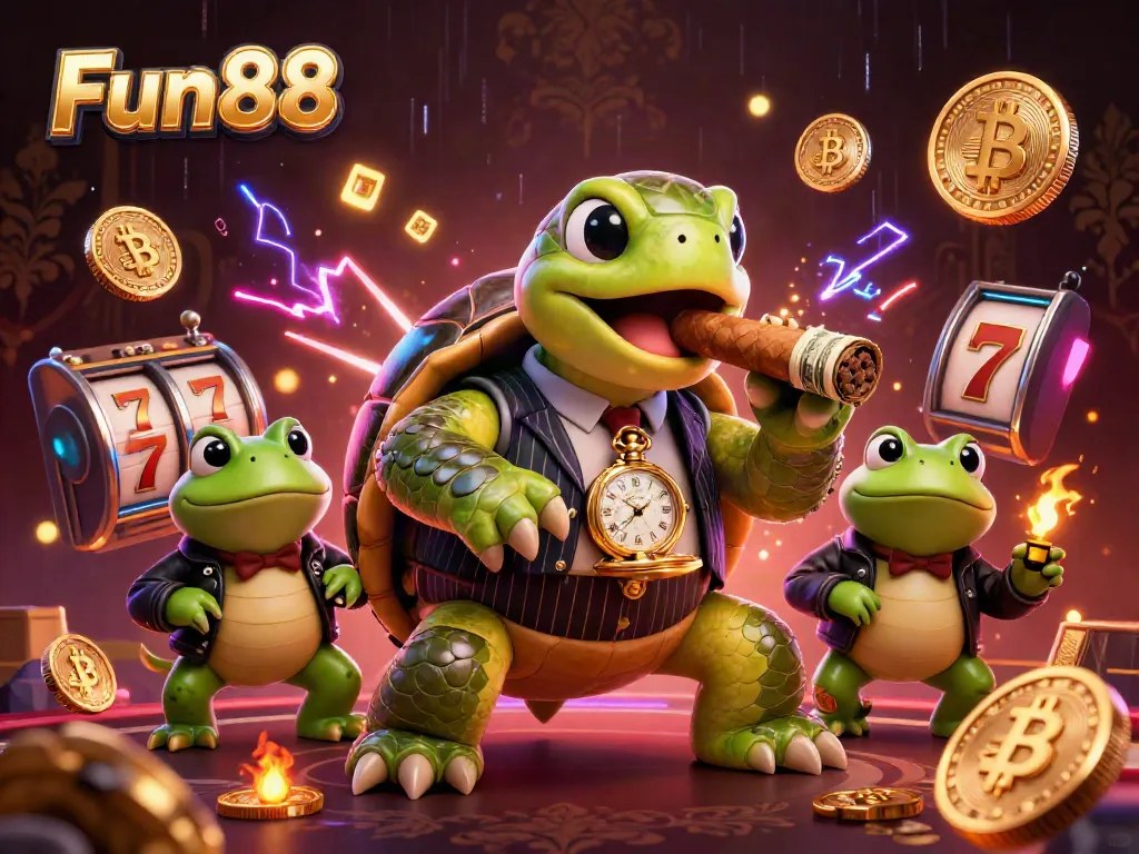 Experience the thrills of Fun88 with a cartoon turtle mobster and frog enforcers in a vibrant casino scene.