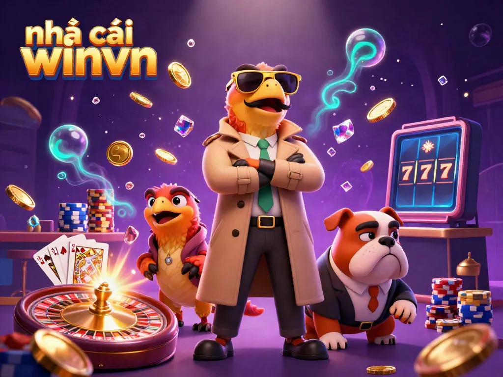 Experience the vibrant action at nhà cái winvn with cartoon raptors and a bouncer in a VIP casino scene.