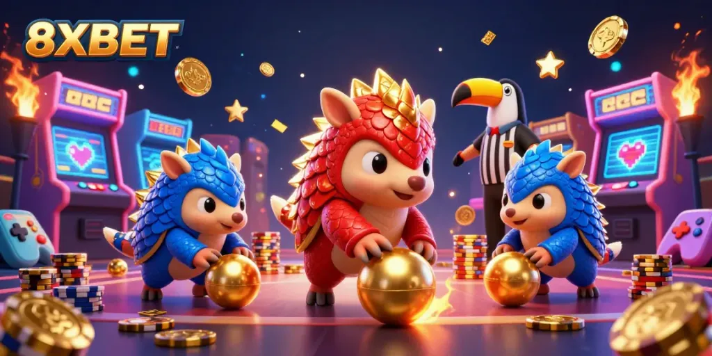 Experience the excitement of 8XBET with colorful characters racing through poker chips.