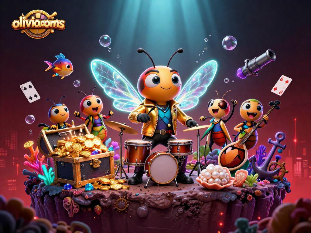 Engage with oliviaooms in a vibrant underwater casino adventure featuring cartoon rock stars and treasure.