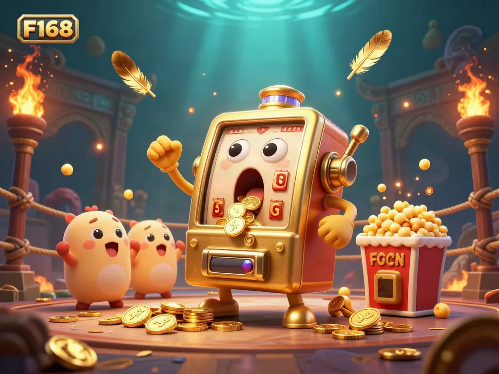 F168 slot machine hitting a jackpot, surrounded by cheering baby slots and a popcorn machine in a dynamic casino scene.