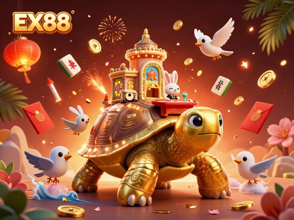 Experience the thrill of EX88 with unique casino art featuring a golden tortoise and vibrant gaming elements.