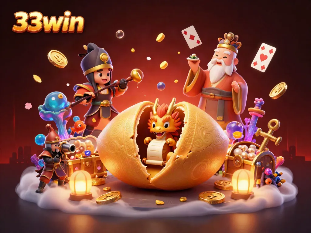 Engage with the vibrant world of 33win, where a giant fortune cookie and wise dragon reveal fortunes in a magical casino.