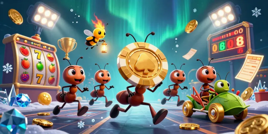 Engage in thrilling play with luxury111 as ants transport a giant poker chip in a dynamic casino heist scene.