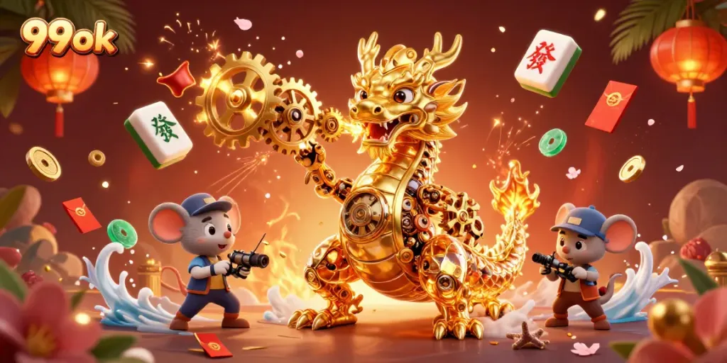Engage in thrilling casino games with 99ok's dynamic dragon illustration, showcasing vibrant colors and details.