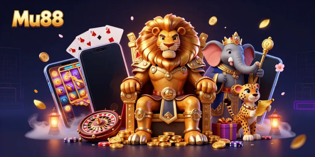 Experience thrilling gameplay at Mu88 with a vibrant lion king and dynamic casino elements.