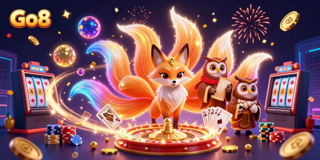 Engage in thrilling gaming adventures with Go8, featuring vibrant scenes of casino action and luck.