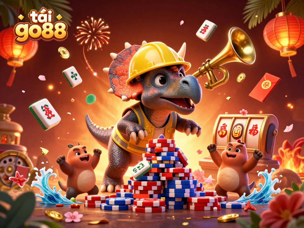 Play and win big with tải go88 in exciting casino-themed illustration featuring triumphant dinosaurs!