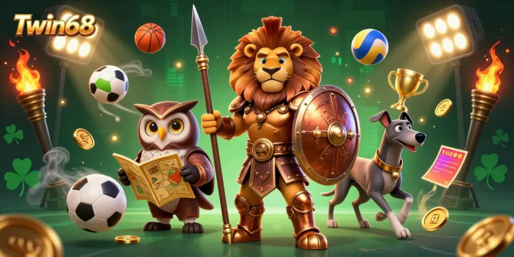 Experience the action-packed world of Twin68 with a Spartan lion leading the way in a vibrant, casino-themed adventure.