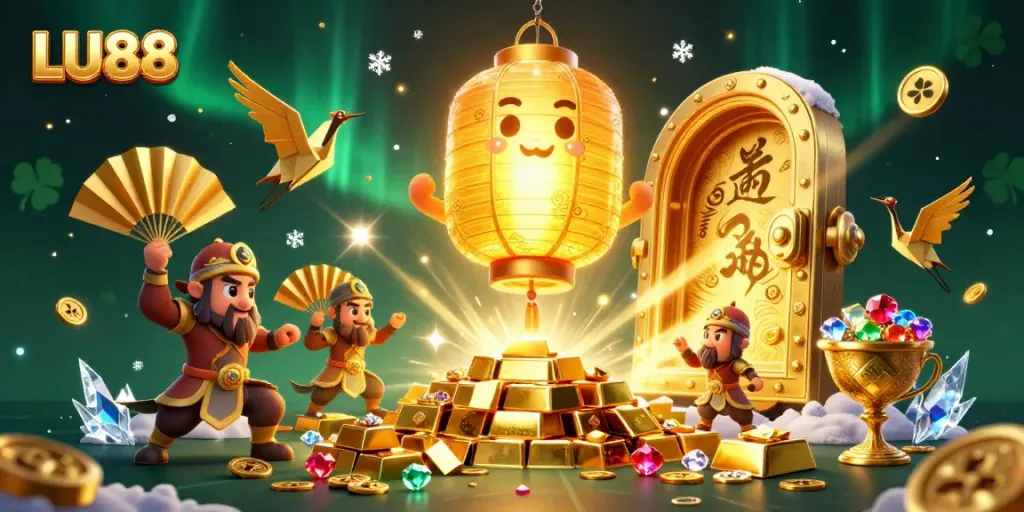 LU88 casino gaming scene showcasing a giant lantern spirit surrounded by treasures and lucky symbols.