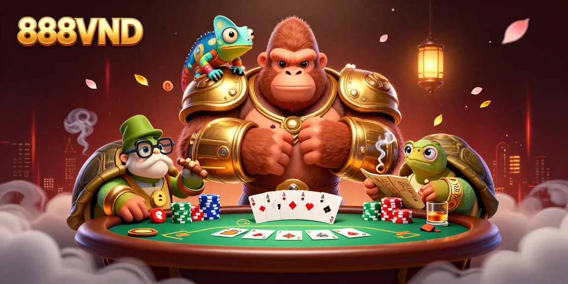 Experience the excitement of 888VND with a dynamic casino scene featuring unique characters.