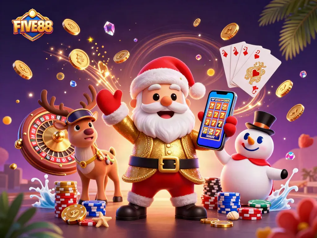 FIVE88 showcases a festive 3D casino scene with Santa celebrating a big jackpot win.