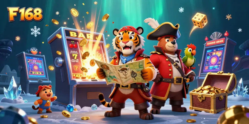 Spin the reels at F 168 while enjoying a vibrant 3D pirate-themed casino scene.