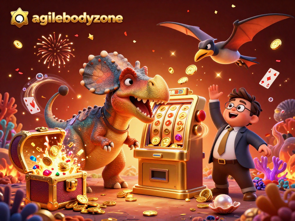 Catch the excitement at agilebodyzone with a pachycephalosaurus winning coins from a golden slot machine!
