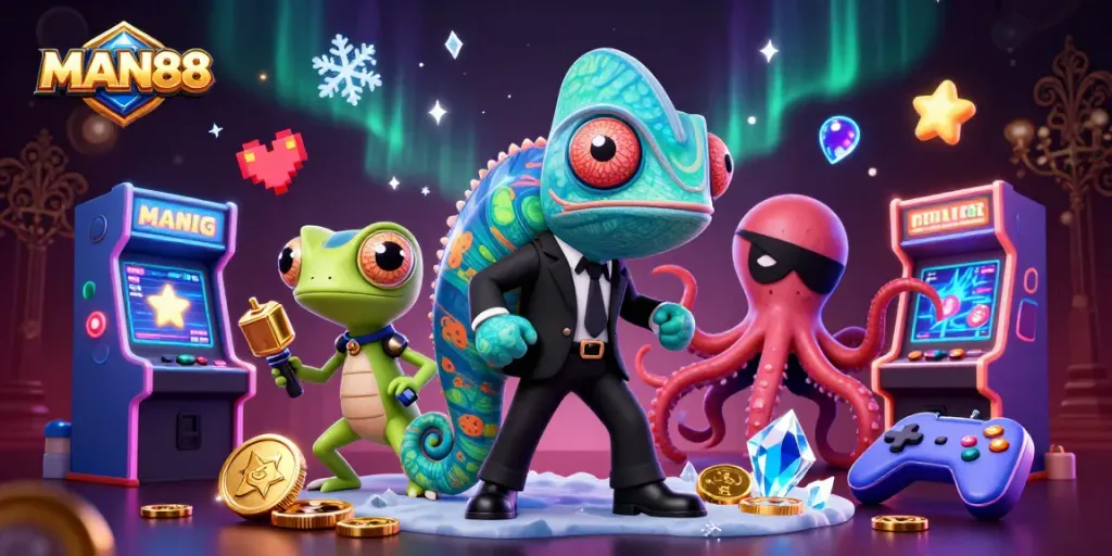 Experience thrilling gameplay with MAN88, showcasing a vibrant 3D casino scene filled with engaging characters and golden gaming elements.