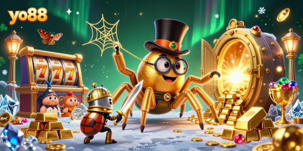 Engage in thrilling casino adventures with yo88 featuring a golden tarantula and beetle knight.