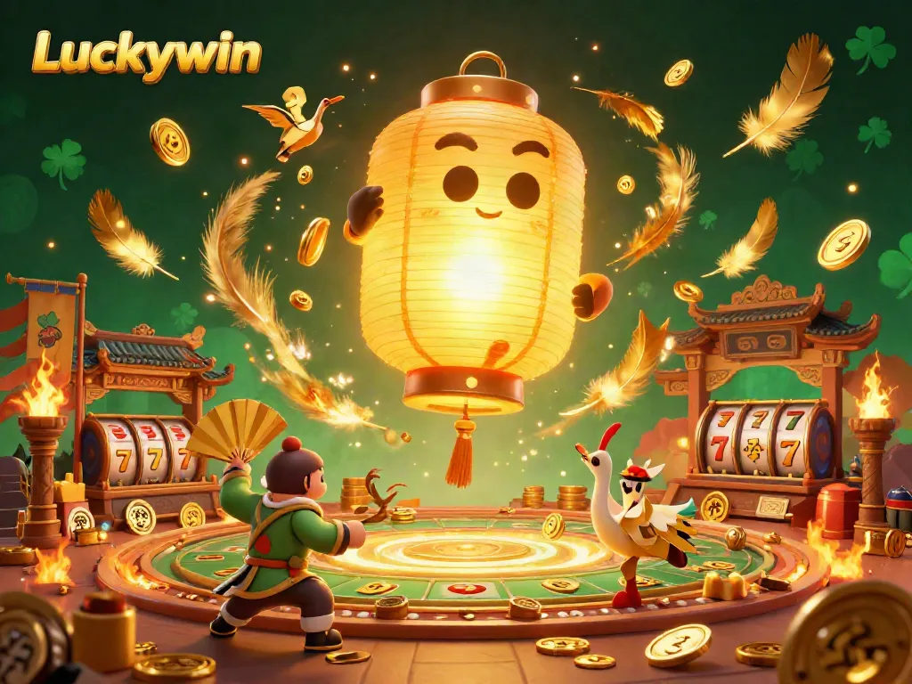 Engage with Luckywin's vibrant casino experience through a magical scene featuring a giant golden lantern spirit, enhancing the excitement of online gaming.