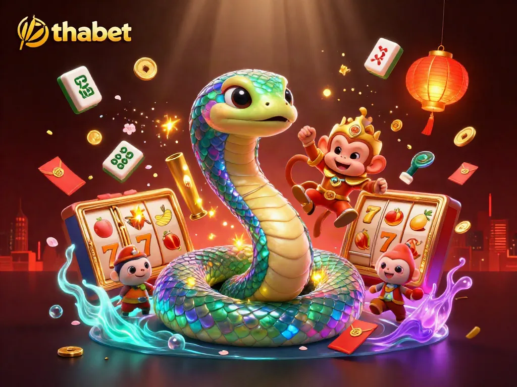 Experience vibrant thabet gaming excitement with rainbow serpent and golden monkey king in dynamic casino scene.