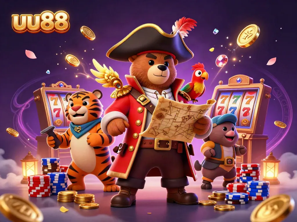 uu88 pirate bear and tiger exploring winning jackpots with rolling slots and colorful chips.