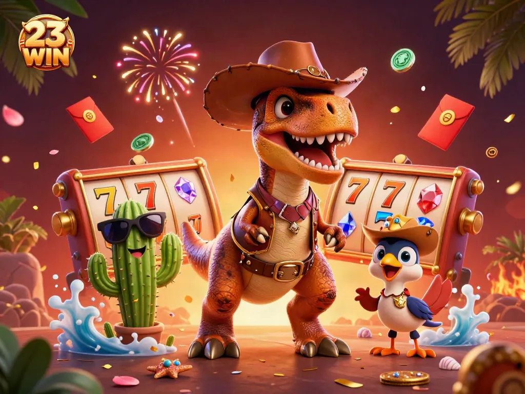 Engage in thrilling wins at 23WIN with a dynamic casino-themed 3D scene featuring a playful dinosaur.