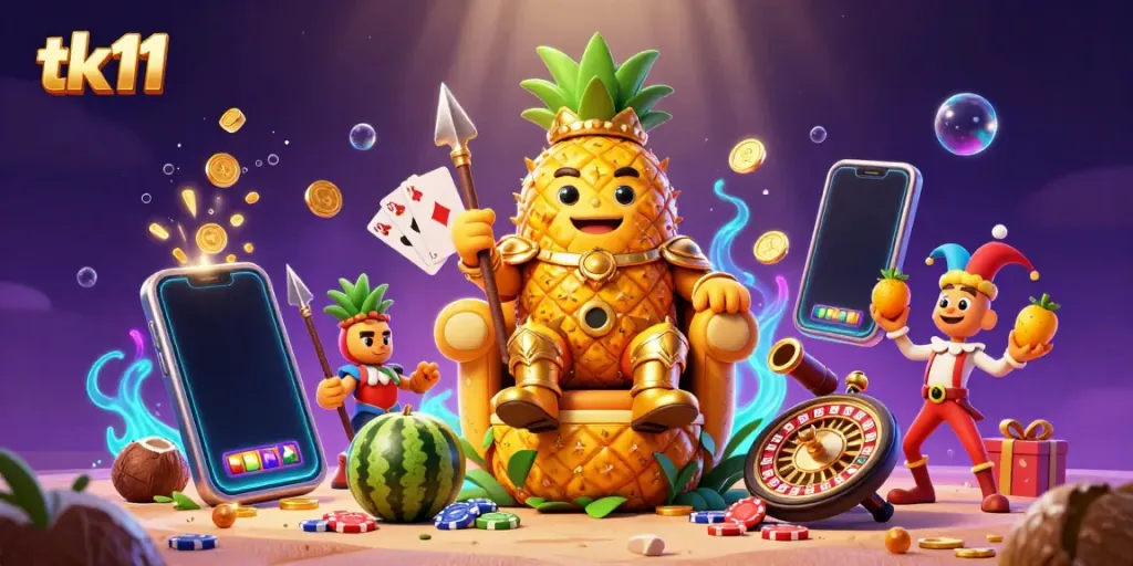 Experience game fun with tk11 featuring a golden pineapple king surrounded by vibrant casino action.