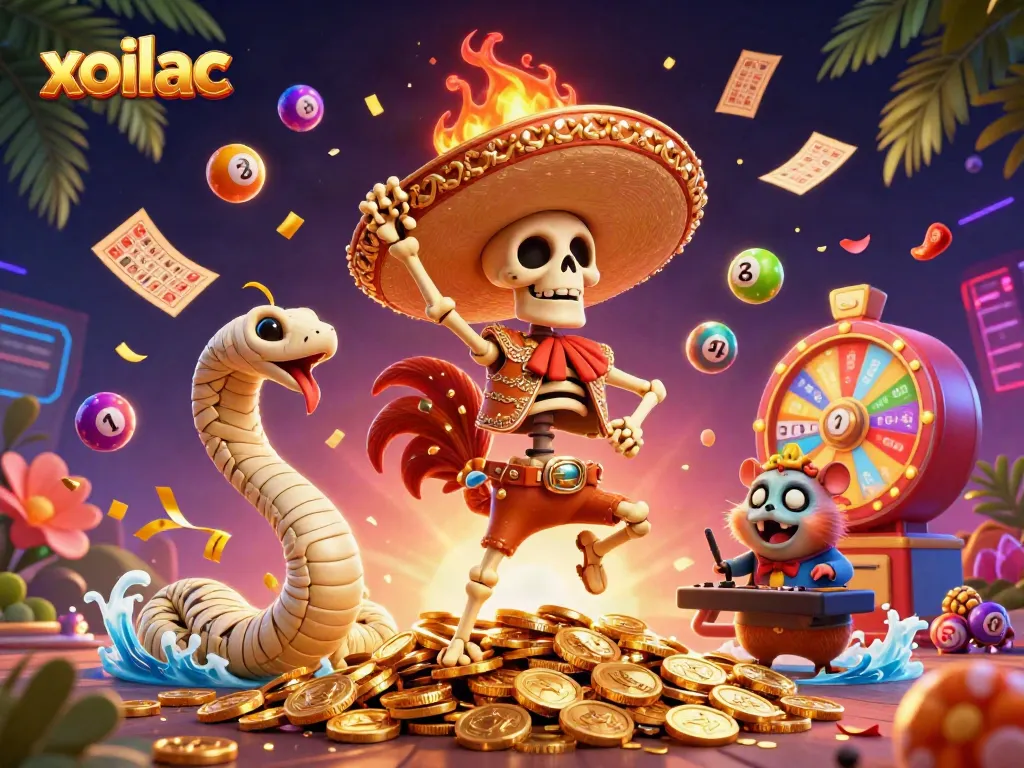 Xoilac gaming scene with a vibrant mariach skeleton, mummy snake, and DJ hamster surrounded by colorful gambling elements.