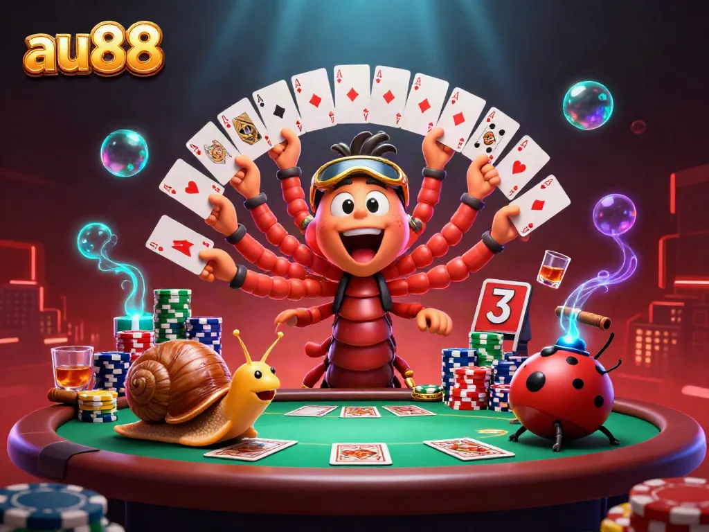 Experience the excitement of au88's vibrant casino scene with a lively millipede dealer and a snail high-roller.