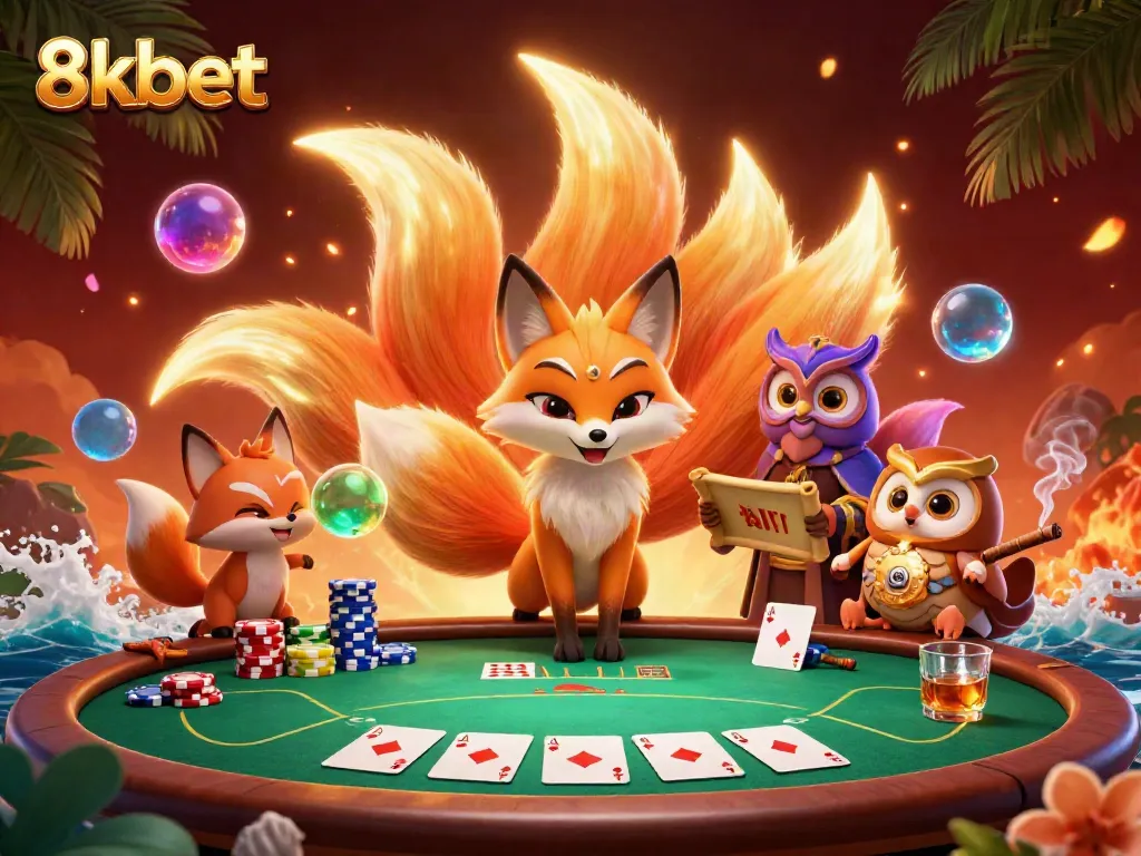 Experience thrill at 8kbet with a vibrant poker scene featuring a glowing nine-tailed fox and wise owl.