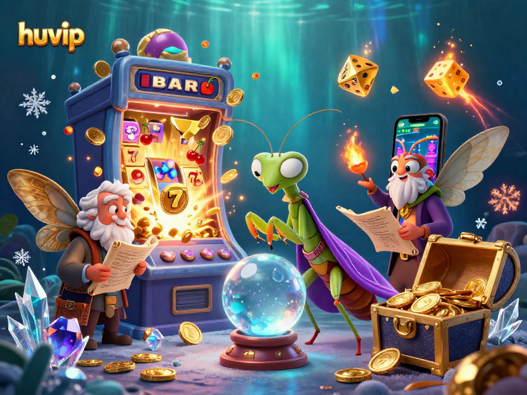Experience huvip's dynamic casino flair with a mystical fortune teller and vibrant slot elements