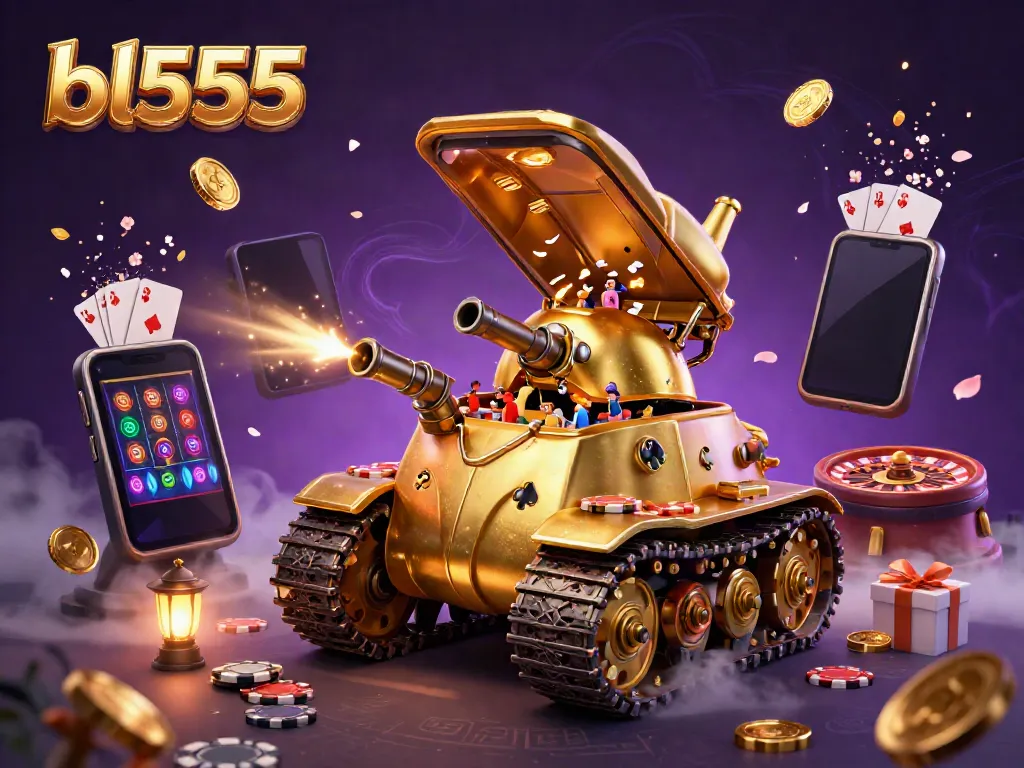 Engage in the fun of bl555 with a vibrant 3D casino scene featuring a dynamic golden beetle tank and exciting gaming elements.